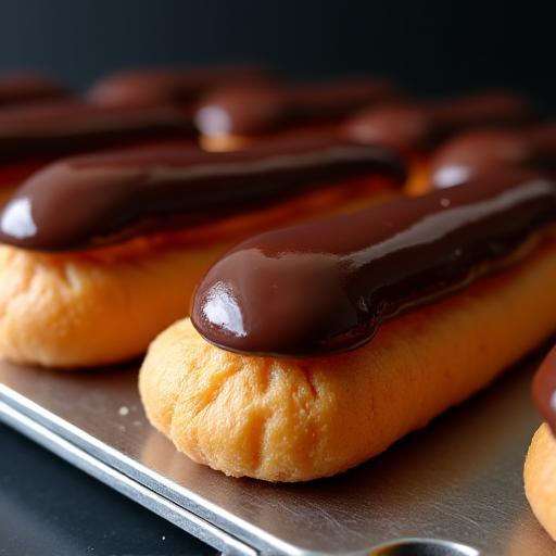 A close-up of perfectly glazed chocolate eclairs lined up on a tray.